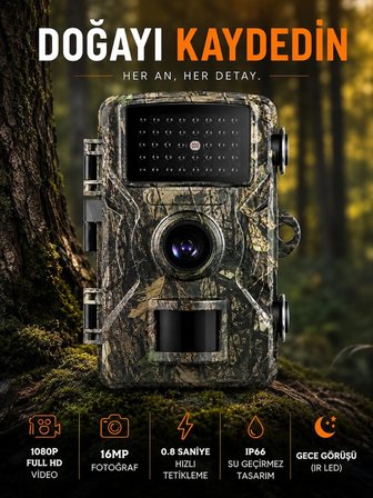 Nvg 1080P Full HD Yaban Hayatı Kamerası IP66 Su Geçirmez Fotokapan 16MP Gece Görüşlü Hareket Sensörlü Av Kamera 2.0" LCD 0.8 Sn Tetikleme 32GB TF Kart Destekli