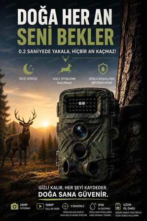 Nvg Fotokapan 24MP 1080P Full HD Gece Görüşlü 3 Sensörlü IP66 Su Geçirmez Hızlı Tetikleme 120° Geniş Algılama Açısı