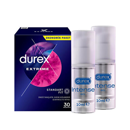 Durex Extreme Geciktiricili ve Tırtıklı Prezervatif 30'lu + Durex Intense Uyarıcı Jel 10ml