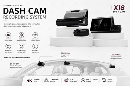 Dxtel X18 4K Dokunmatik Araç Kamerası Ön Arka Kamera WiFi Gece Görüşlü G-Sensör Park Modu Döngüsel Kayıt Dash Cam 3 Kameralı