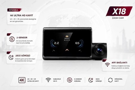 Dxtel X18 4K Dokunmatik Araç Kamerası Ön Arka Kamera WiFi Gece Görüşlü G-Sensör Park Modu Döngüsel Kayıt Dash Cam 3 Kameralı