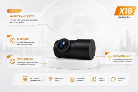 Dxtel X18 4K Dokunmatik Araç Kamerası Ön Arka Kamera WiFi Gece Görüşlü G-Sensör Park Modu Döngüsel Kayıt Dash Cam 3 Kameralı