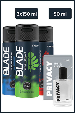 Privacy Men Limited Edt 50 Ml&Blade Green Dream,MarineFresh,Self Confidence Erkek Deodorant  3x150Ml