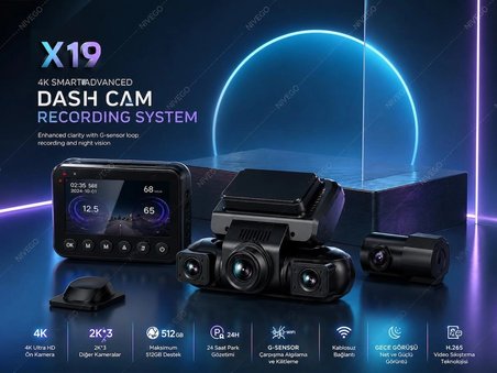 Nvg X19 4K Araç İçi Araç Kamerası 4 Kameralı GPS WiFi G-Sensör 24 Saat Park Modu 512GB Destekli Gece Görüşlü Dash Cam