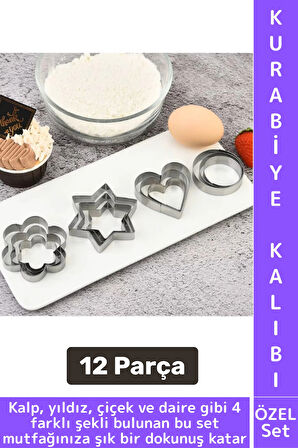Yanmaz Yapışmaz Şık Yıldız Daire Çiçek Kalp Tasarım Mutfak Omlet Kek Kurabiye Kalıbı Seti 12 Parça