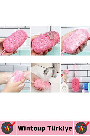 Premium Çift Taraflı Çizgi Yumru Tasarım Cilt Tahriş Etmez Yumuşak Kıl Süngerli Silikon Banyo Kesesi