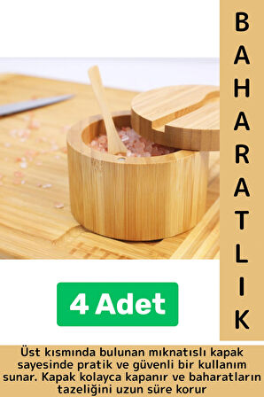 Dayanıklı Mutfak Mıknatıslı Kapak Hijyenik Çok Şık Doğal Ahşap Kaşıklı Baharatlık Kaşık Seti 4 Adet