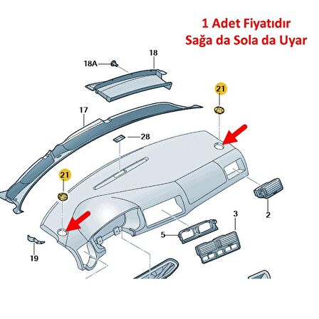 VW Bora 1999-2005 Ön Konsol Torpido Üstü Hava Izgarası 1J0819705A