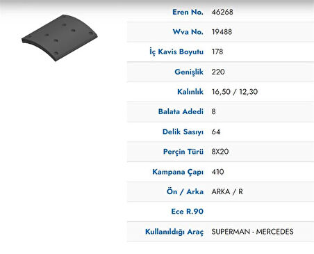 Mercedes Truck Arka Fren Balatası Kampana Tk Pabuc Mercedes Axor Super Man Otobus (22mm)  4140,3340, 3028 - Eren 46268 M71