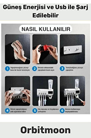 Yeni Seri Güneş Enerjili Usb Şarjlı Diş Macun Sıkacağı Sterilizatörlü 4 Adet Diş Fırçalığı Tutucu