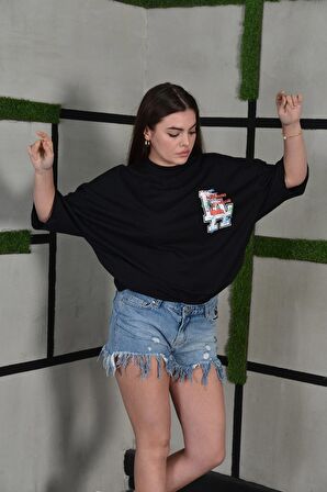 La Sırt Baskılı Oversize Unisex Siyah Tshirt