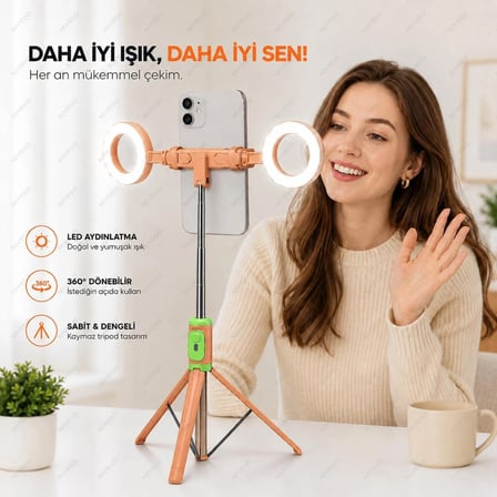 BLC Çift LED Işıklı Selfie Çubuğu Tripod Telefon Standı Katlanabilir Ergonomik Telefon Tutucu