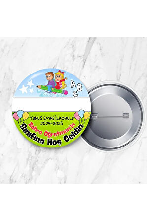 35 ADET İsim Alanı Boş Öğretmene Özel Sınıfına Hoş Geldin Iğneli 44 mm Metal Yaka Rozet