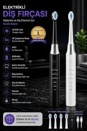 AHM Elektrikli Diş Fırçası 15000 VPM 5 Modlu IPX7 Su Geçirmez Şarjlı Sonic Diş Fırçası 500mAh 4 Yedek Başlıklı
