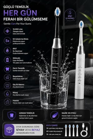 AHM Elektrikli Diş Fırçası 15000 VPM 5 Modlu IPX7 Su Geçirmez Şarjlı Sonic Diş Fırçası 500mAh 4 Yedek Başlıklı