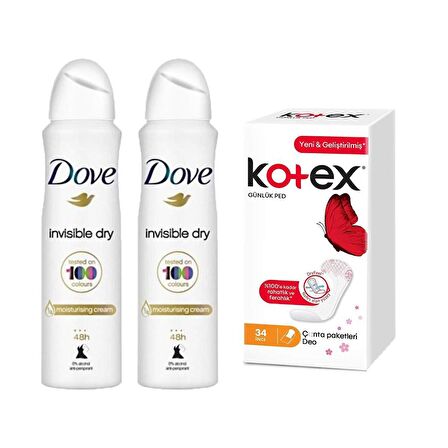 Dove Invisible Dry Kadın Sprey Deodorant 150ML X2 Adet + Kotex Ince Günlük Ped 34lü Parfümlü