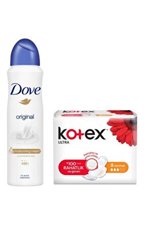 Dove Original Antiperspirant Leke Yapmayan Kadın Sprey Deodorant 150 ml + Kotex Normal 8'li