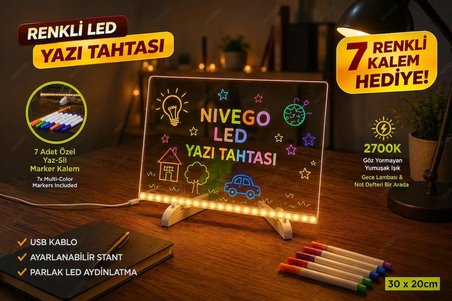 Nvg 12 İnç LED Işıklı Çizim Tahtası 20x30 cm USB Beslemeli Yazı Panosu Ayarlanabilir Stant 7 Renk Kalem Hediyeli Eğitici Oyuncak