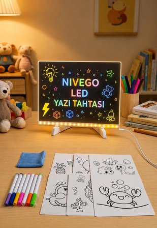 Nvg 12 İnç LED Işıklı Çizim Tahtası 20x30 cm USB Beslemeli Yazı Panosu Ayarlanabilir Stant 7 Renk Kalem Hediyeli Eğitici Oyuncak