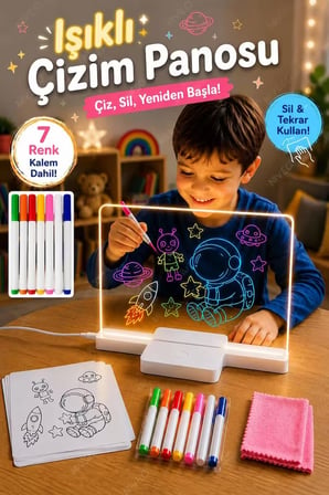 Nvg 12 İnç LED Işıklı Çizim Tahtası 20x30 cm USB Beslemeli Yazı Panosu Ayarlanabilir Stant 7 Renk Kalem Hediyeli Eğitici Oyuncak