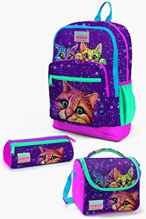 Kids 23732 Mor Pembe Kedi Desenli 3’lü Okul Çanta Seti
