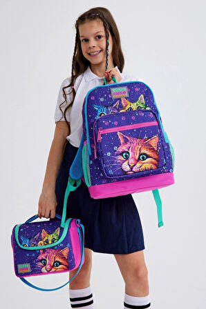 Kids 23732 Mor Pembe Kedi Desenli 3’lü Okul Çanta Seti