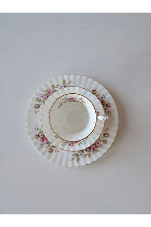 Moss Rose Bone China Üçlü/Trio Çay Fincanı England ANTIQUE  TRIO Tea Cup & Saucers