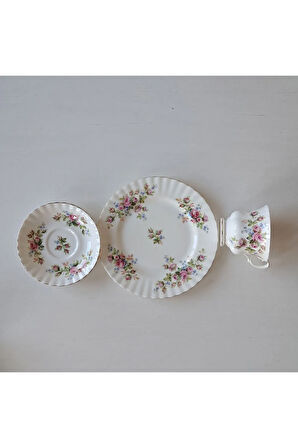 Moss Rose Bone China Üçlü/Trio Çay Fincanı England ANTIQUE  TRIO Tea Cup & Saucers