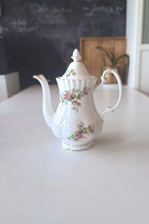 Moss Rose Motifli Vintage Antika Porselen Çay/Kahve Demliği Pembe Beyaz