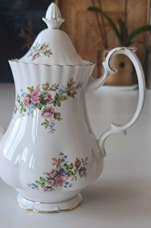 Moss Rose Motifli Vintage Antika Porselen Çay/Kahve Demliği Pembe Beyaz