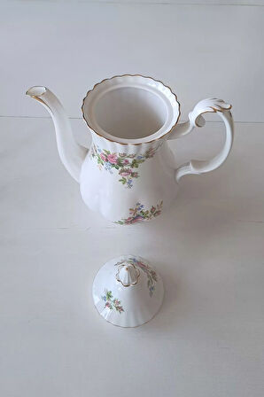 Moss Rose Motifli Vintage Antika Porselen Çay/Kahve Demliği Pembe Beyaz