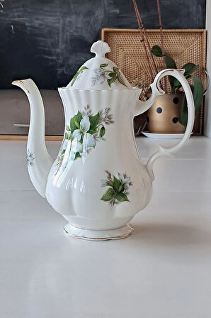 TRILLIUM Bone China England Vintage Porselen Çay/Kahve Demliği Yeşil Beyaz