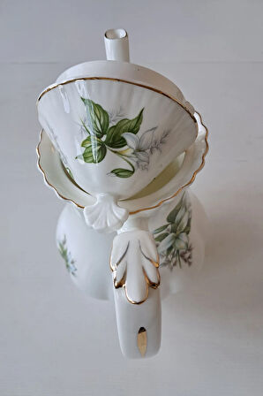 TRILLIUM Bone China England Vintage Porselen Çay/Kahve Demliği Yeşil Beyaz
