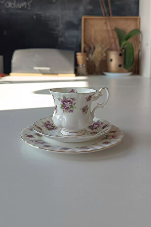 SWEET VIOLETS Bone China England Duble Kahve Fincanı 3 Parça