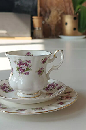 SWEET VIOLETS Bone China England Duble Kahve Fincanı 3 Parça