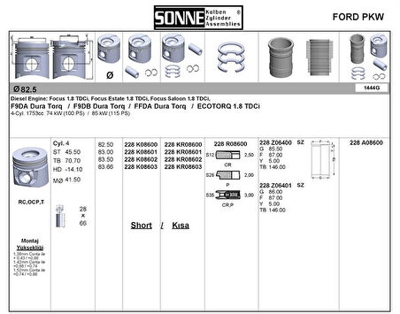 Ford Motor Piston+segman (82,50mm) / (std) Connect 1,8tdci 90ps 02 /> Focus 1,8tdci (98 05) 90ps - Sonne 228kr08600