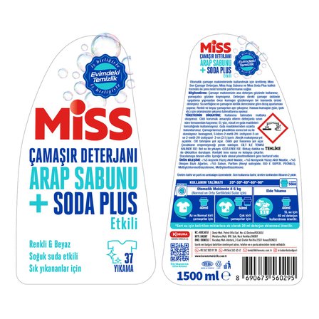 Miss Sıvı Çamaşır Deterjanı Arap Sabunu + Soda Etkili 1.5 lt 2 li