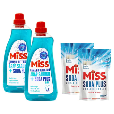 Miss Sıvı Çamaşır Deterjanı Arap Sabunu + Soda Etkili 1.5 lt ve Soda Plus Beyaz Sabun 500 gr 4 lü Se