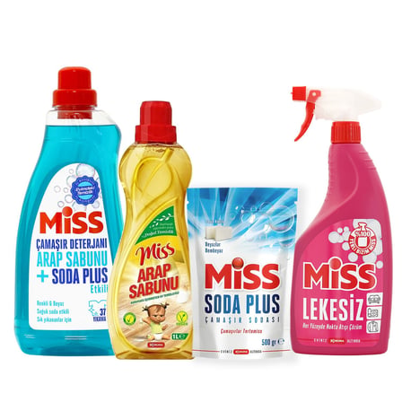 Miss Sıvı Çamaşır Deterjanı - Soda Plus - Arap Sabunu - Lekesiz Sprey 4 lü Temizlik Seti