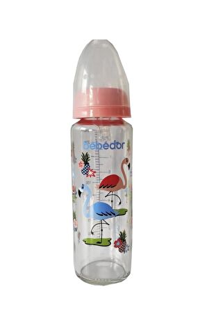 Desenli Cam Biberon Silikon Emzikli Orta Akış Pembe 250 Ml Kod: 31302