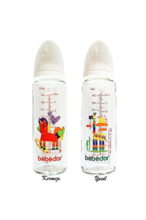 Desenli Cam Biberon - 250ml - Silikon Emzikli - Orta Akış Kırmızı