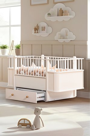 MDF Beşik, Krem Dünya Çekmeceli Büyüyen Sallanan Beşik 80x130 - 1 Adet 80x130 Comfort Yatak