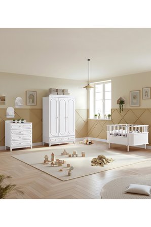 Soft Çocuk Odası Takımı, Soft 3 Kapaklı Dolap, Şifonyer, Yıldız Büyüyen Beşik - Beyaz
