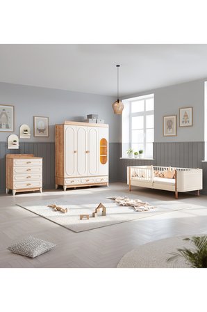 Soft Meşe Çocuk Odası Takımı, Soft Meşe 4 Kapaklı Dolap, Şifonyer, Perla Karyola