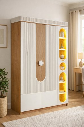 Dolap, Vira 2 Kapaklı Ledli Kitaplıklı Gardırop - Ceviz- Krem