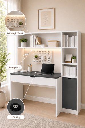 Bilgisayar Masası, Veni Ledli USB Girişli Çalışma Masası – Kitaplıklı