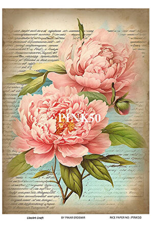 Pink Serisi PINK50 Pembe, Çiçek Desenli Pirinç Dekopaj 30x42