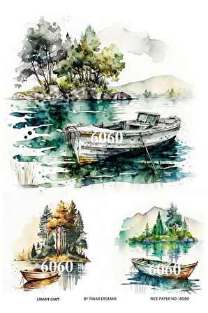 6060 Göl, Sandal, Manzara, Doğa Desenli Pirinç Dekopaj 30x42