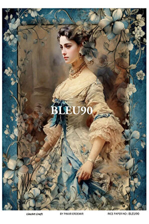 BLEU90 Mavi Beyaz, Çini, Yuvarlak Pirinç Dekopaj 30x42