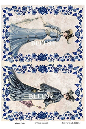 BLEU94 Mavi Beyaz, Çini, Yuvarlak Pirinç Dekopaj 30x42
